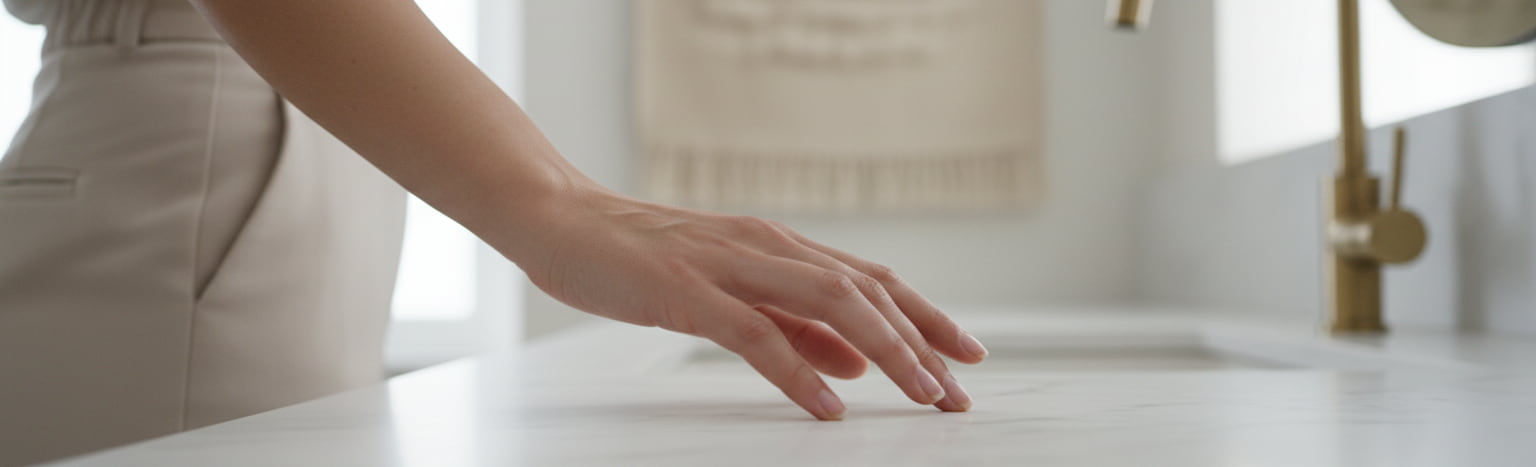 Dettaglio di una mano femminile che sfiora una superficie in pietra naturale. Il trattamento nanotecnologico Ector protegge il materiale rimanendo invisibile alla vista e impercettibile al tatto.