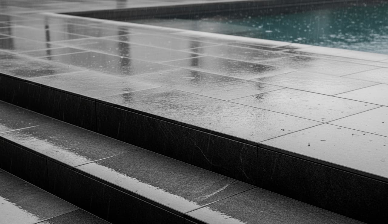 Gradini e bordo piscina in gres porcellanato scuro resi scivolosi dalla pioggia, esempio di applicazione di un trattamento antiscivolo